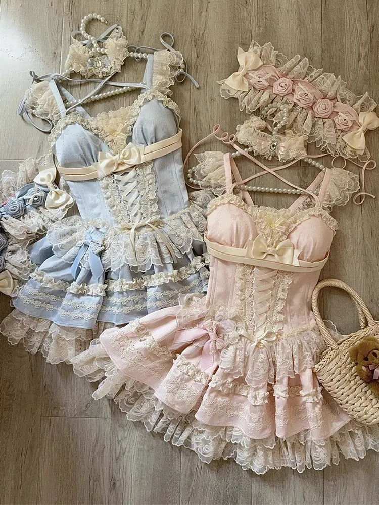 Dophee الأصلي الحلو فتاة لوليتا فستان سهرة المرأة فستان الأميرة القصير لطيف القوس أنيقة الدانتيل الطلاب منتفخ فستان الكبار