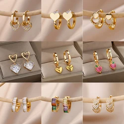 Stainless Steel Heart Earrings For Women Gold Color Fashion Zircon Love Heart Drop Earring Wedding Aesthetic Jewelry Gift 2023