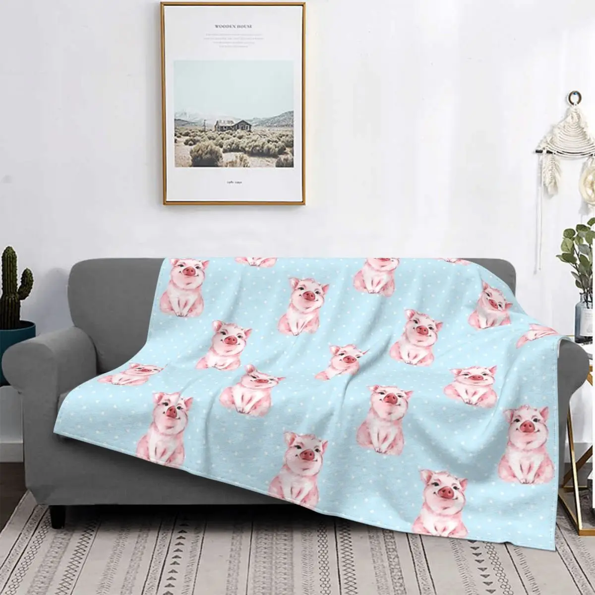 Pig Blanket Fleece Flannel Autumn/Winter Breathable Lightweight Thin Pig Watercolor Throw Blankets For home Rug Piece