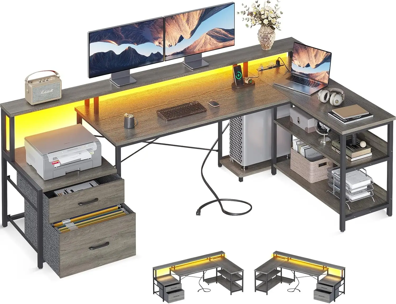 L geformter Schreibtisch mit Akten schublade, 75 "reversibler l-förmiger Computer tisch mit Steckdose und LED-Streifen, Eck schreibtisch, Graue iche