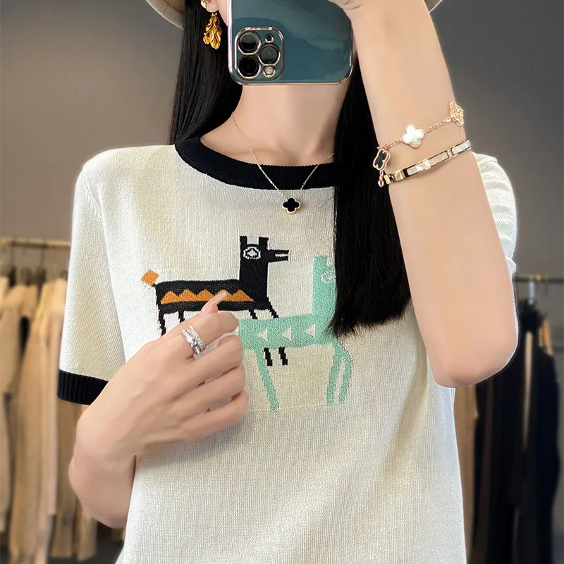 2024 summer new deer print casual slimming ice silk short sleeved color blocked knitted sweater women's thin T-shirt