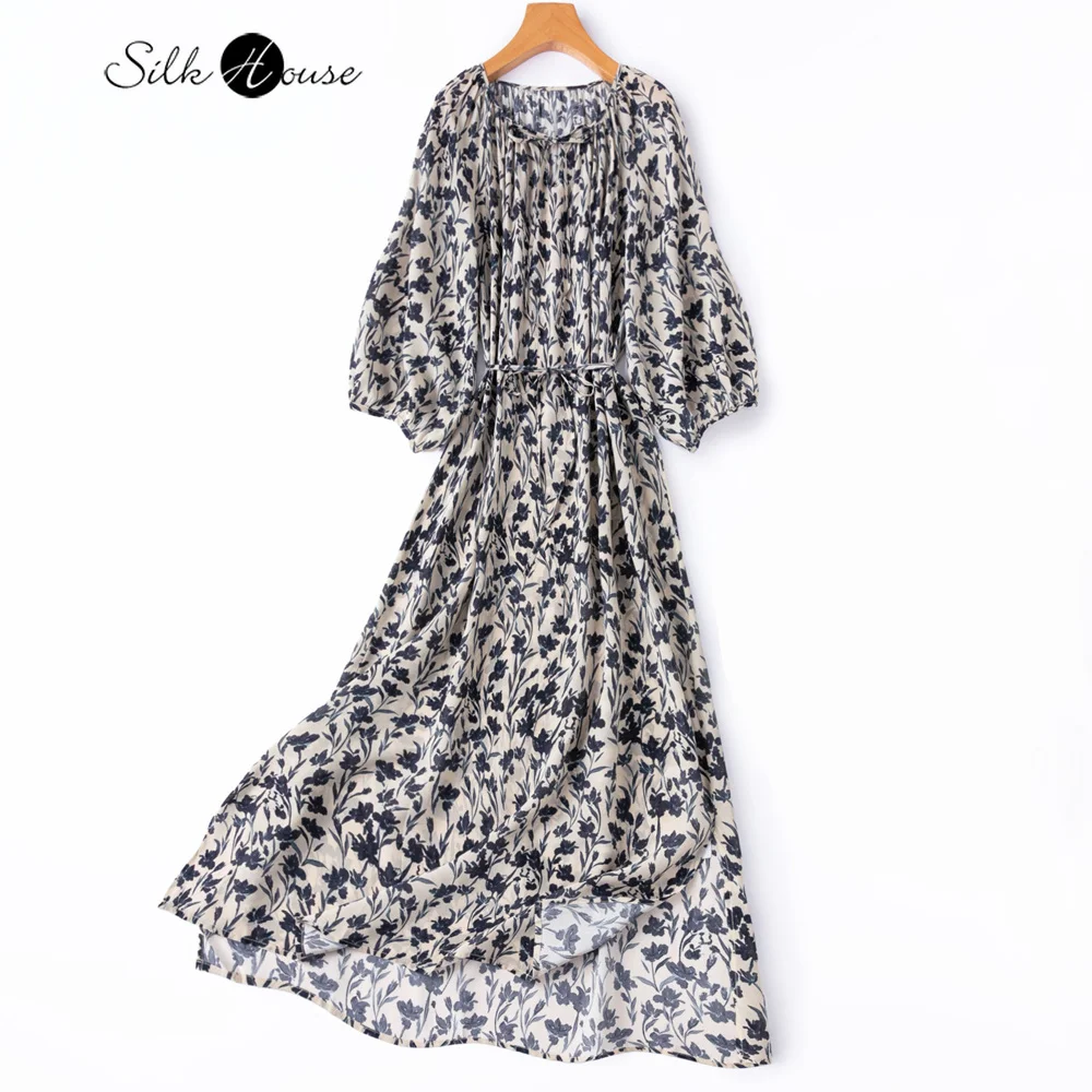 

Elegant Beige Navy Print 100% Natural Mulberry Silk Double Crepe Women's Vacation Style Lantern Sleeve Round Neck Slit Dress