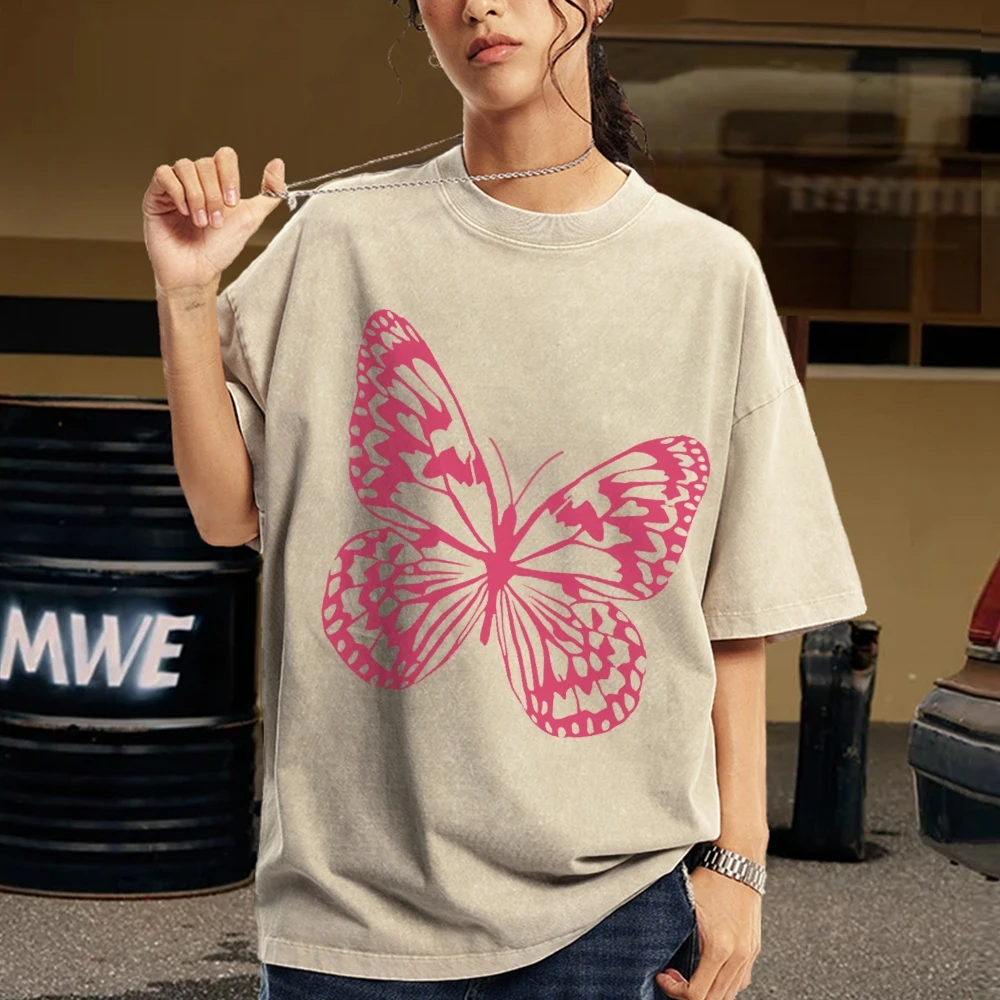 Pink Butterfly Vintage Unisex Washed T-shirt, Y2k Shirt