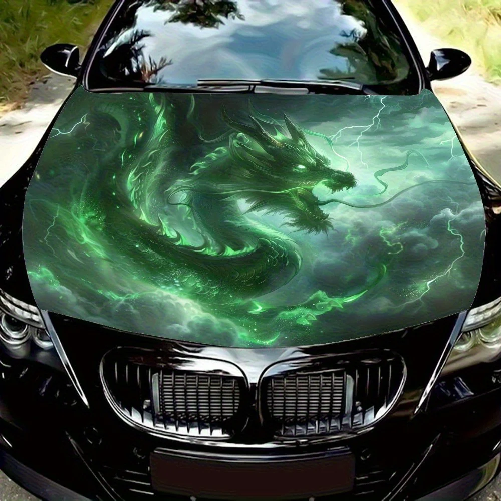 

Oriental Style Green Flame Dragon Car Hood Wrap Colorful Vinyl Sticker For Trucks, Decorative Bonnet Graphics And Auto Accessori