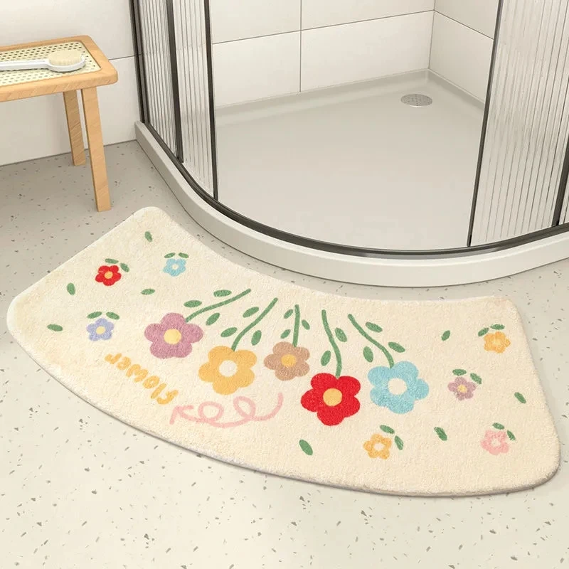 Shower Room Semi-circular Arc Plush Floor Mat Cartoon Pattern Bathroom Non-slip Mat Toilet Fan-shaped Water-absorbent Foot Pad