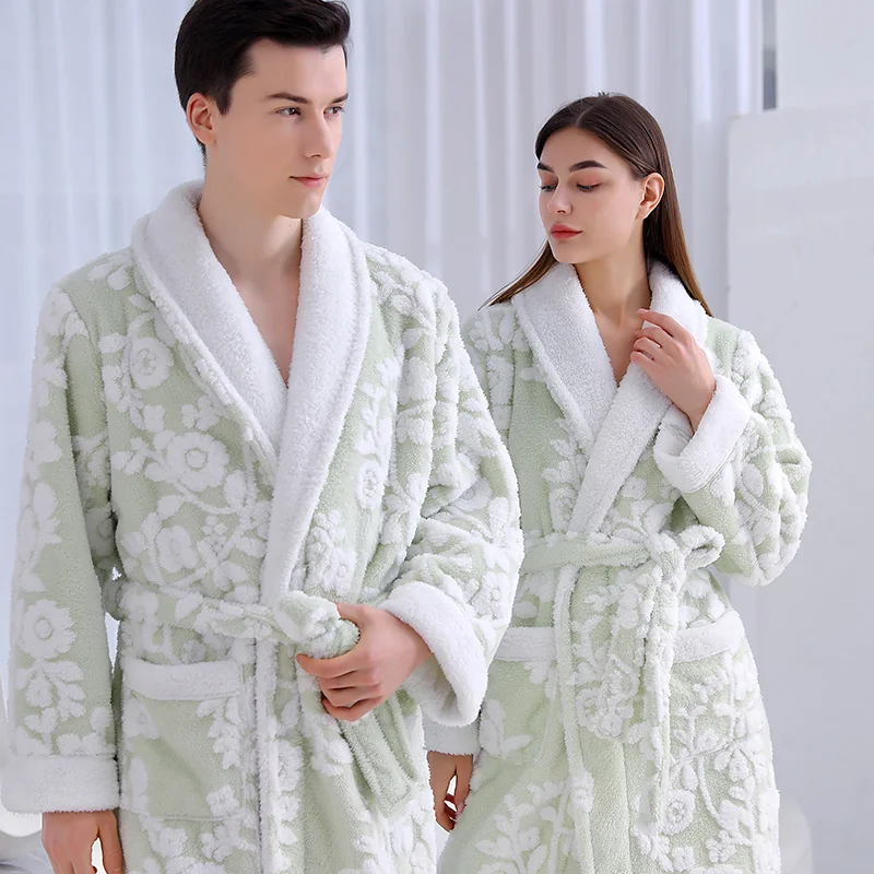 Jacquard Double Layer Thicken Robe Gown Women and Men Sleepwear Winter Warm Nightgown Coral Fleece Lovers\' Bathrobes Lingerie