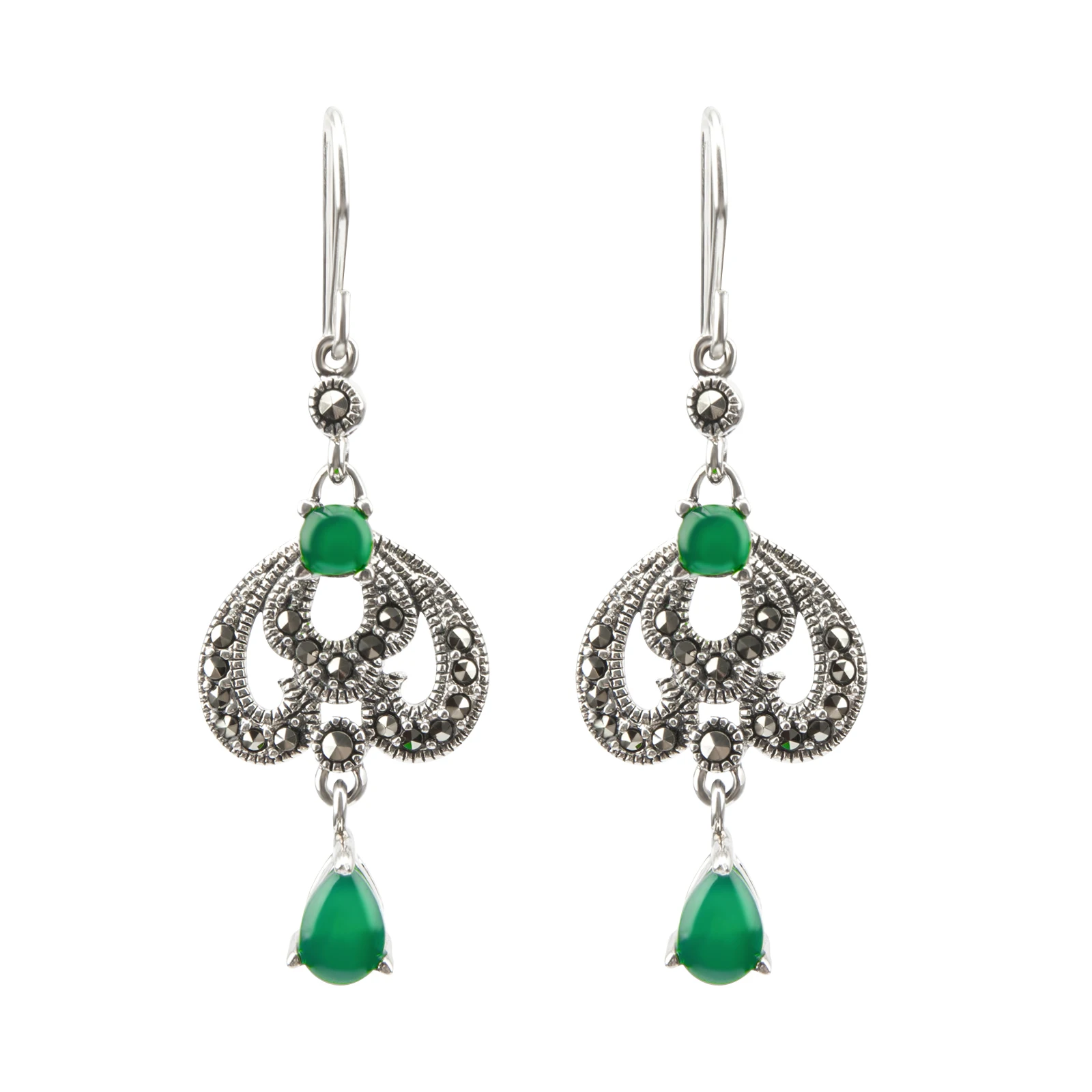 YYSuniee S925 Silver Earrings with Oriental Classical Retro Style Synthetic Green Agate Unique Personality Female Earrings