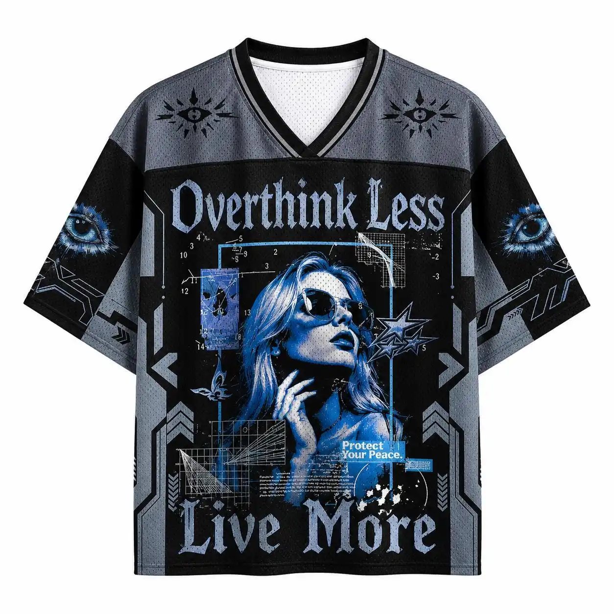 Vintage Cyberpunk Portrait V Neck Tee Unisex Mystic Evil Eye Number 11 Graphic Short Sleeve T-Shirt Street Casual Weekend Wear