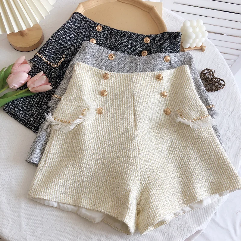 

Autumn Winter French Style Shorts for Women Double Breasted High Waist Slim Fit Wide Leg Pants with Fringe Trim and Faux Pockets