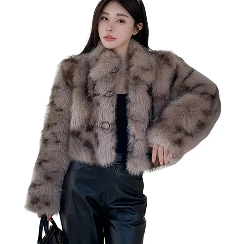 Women's Vintage Leopard Print Faux Fox Fur Jacket Short Winter Luxury Coat with Horn Buckle Long Sleeve Casual Outwear