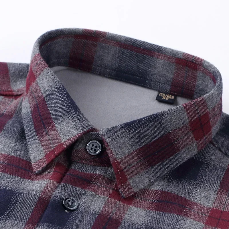 Men's Plaid Brushed Fleece Long Sleeve Warm Shirts 2024 Single Pocket Comfortable Casual Fashion Standard Fit Button Down Shirts