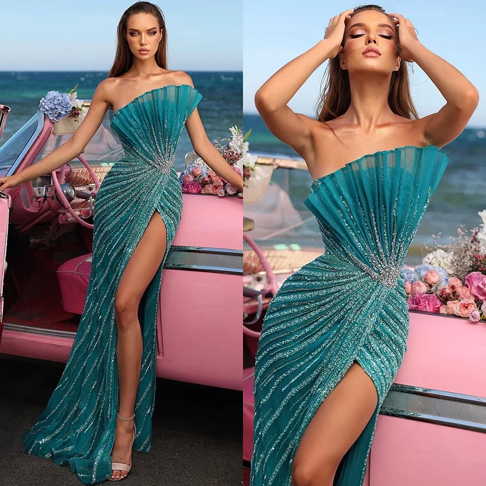 CustomizedGreen Mermaid High Split Off Shoulder Beaded Luxury Dubai Evening Dresses Gowns 2024 For Women Party LA72049