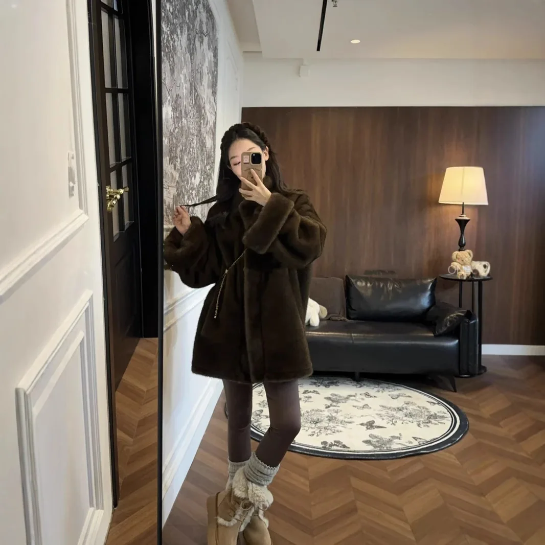 Winter Dames Mid Lange Losse Faux Nertsen Bont Jas Leer en Bont Stand Pluche Jas Lange Mouw Warme Pluizige Jassen Harige Overjas