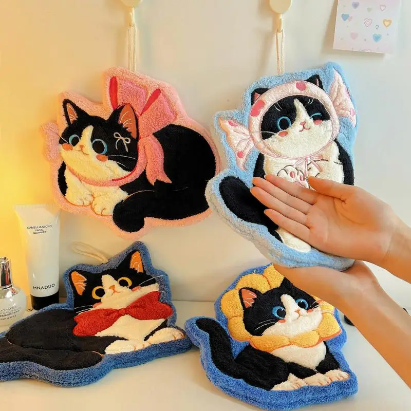 Cartoon Coral Velvet Hand Towel For Kitchen Kawaii Cat Hand Wipe Cleaning Cloth Bathroom Hanging Towel Absorbent Clean Rag