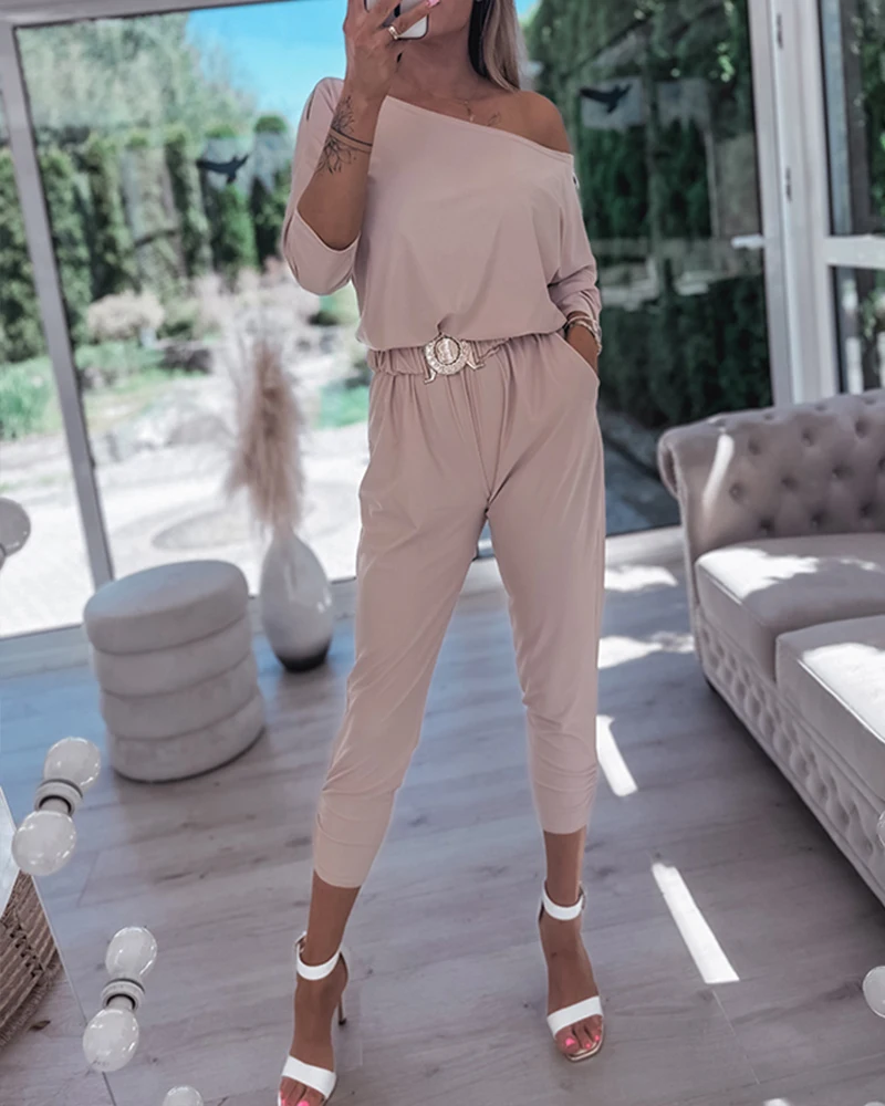 Women's Urban Bodysuit 2025 Spring Summer Latest Solid Color Cold Shoulder Long Sleeve Jumpsuit Casual Belted Pocket Romper