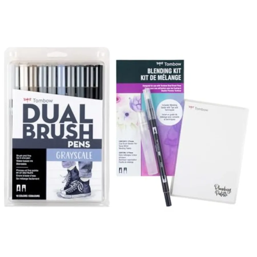 

Art Marker Collection: Grayscale 10 Piece Dual Brush Pen Set with Blending Palette Kit