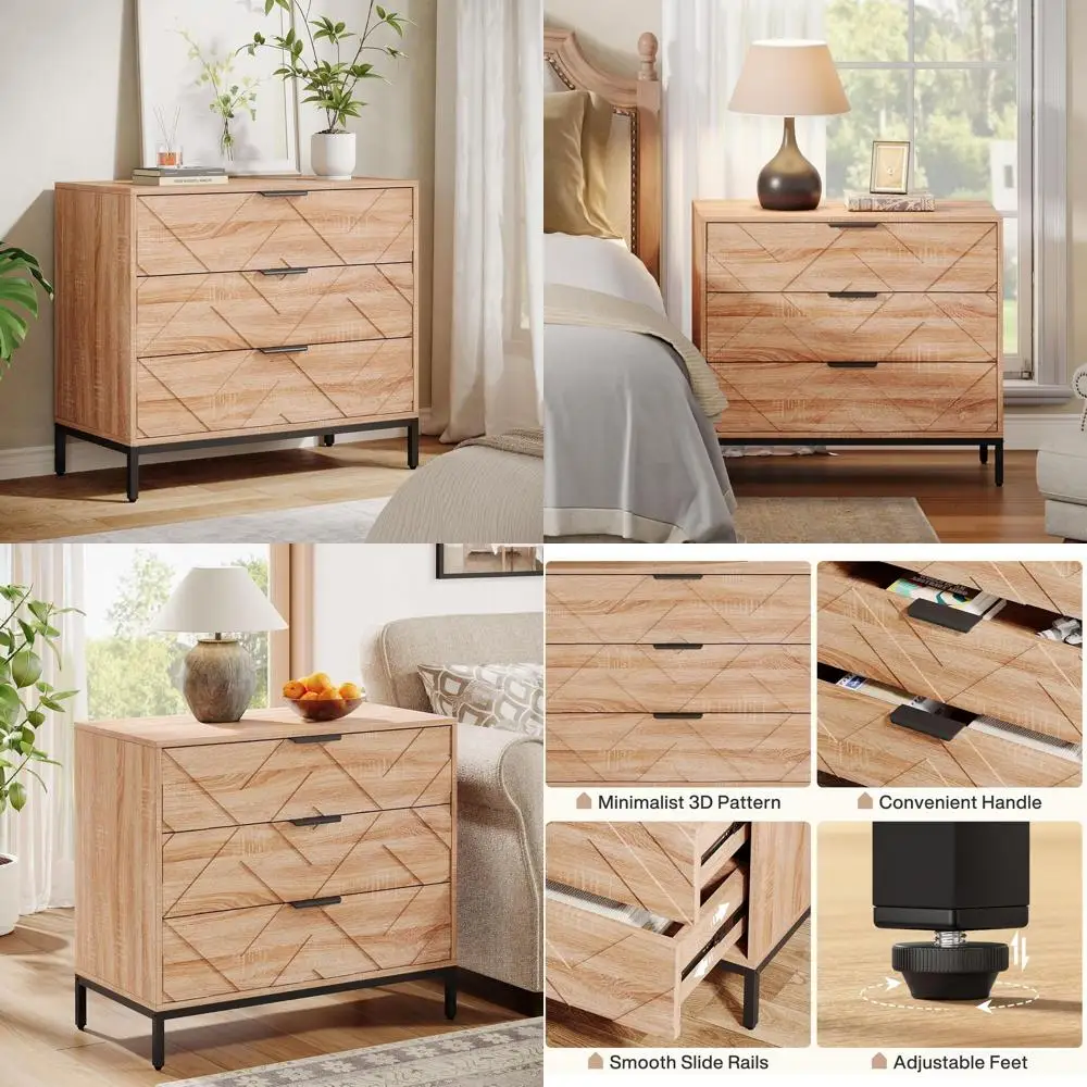 Elegant 3 Drawer Wooden Nightstand with Metal Legs