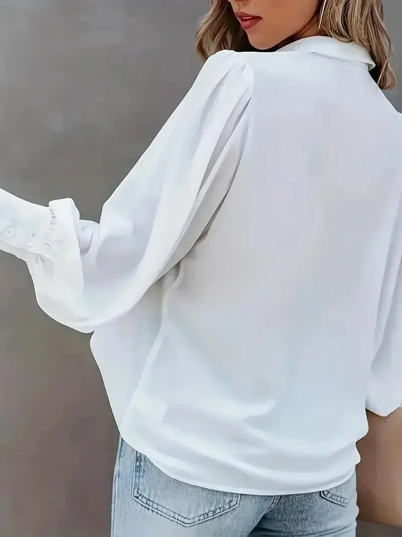Plus Size 1XL-5XL Women Solid Shirt Long Sleeve Lapel Neck Loose Lantern Sleeve Blouses New Autumn Commuting Fashion Shirts - Detail 1