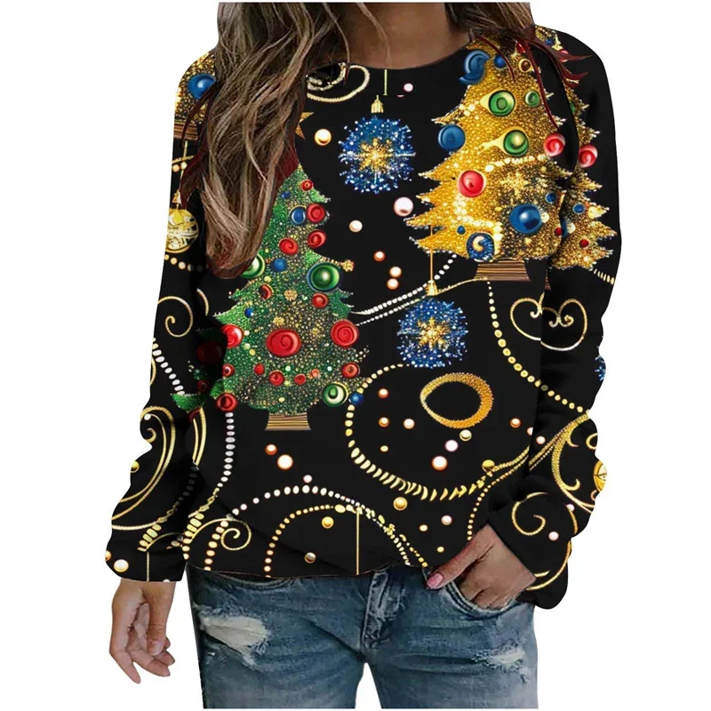 Harajuku 3D Funny Christmas Ornaments Print Sweatshirts Reindeer Xmas Graphic Ugly Christmas Sweatshirts Mens Round Neck Hoodies