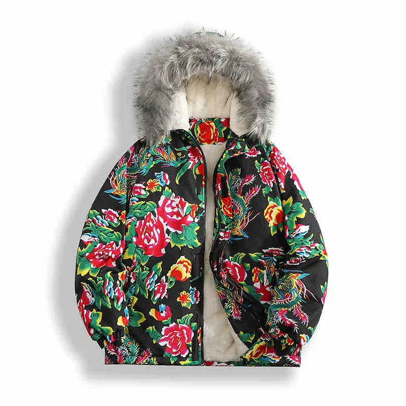 

Couple's Sle Northeast Big Flower Cotton Jaet Men's Winter New Arrival Fce Lined Parka Coat Warmth Youth Casual