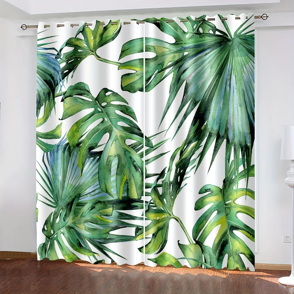 Window Curtains, Tropical Vegetation Vintage Print, Semi Blackout Curtains，Curtains For Living Room,Study, Bedroom 2PCS