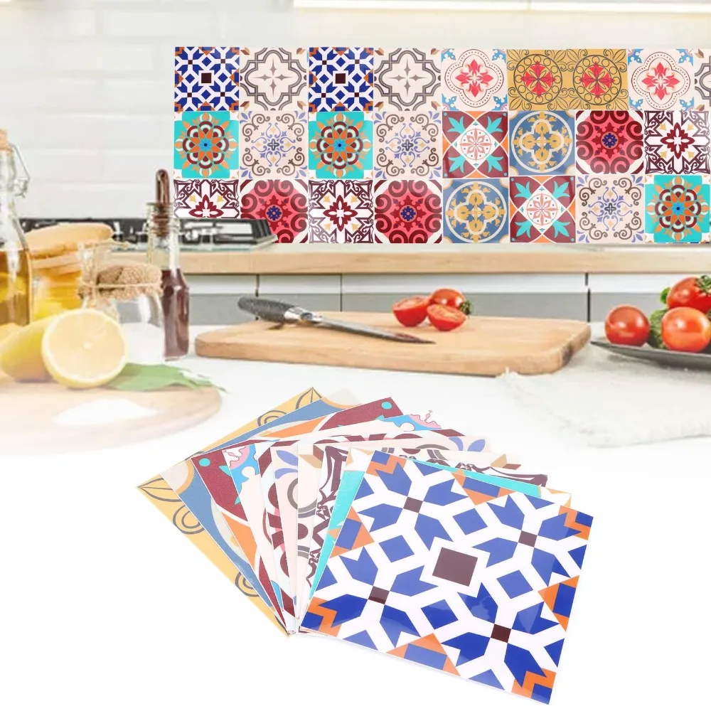 15x15cm Ceramic Tile Stickers Oil Proof Waterproof Self Adhesive Wall Decals Thick PVC Mirror Finish PVC Wall Decor