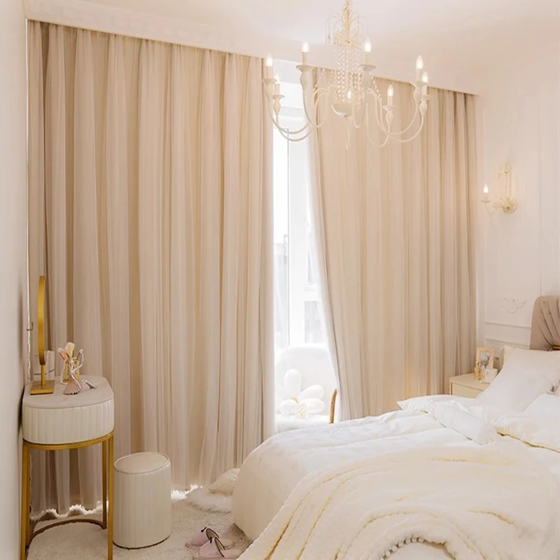 Luxury Beige Sheer & Blackout Curtain Set for Bedroom – Elegant Double Layer Window Drapes for Living Room, Noise Reducing & Lig