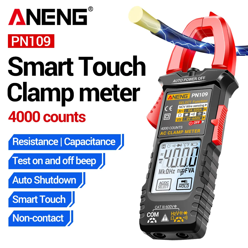 

Цифровой токоизмерительный мультиметр-клещи ANENG PN109, 600А, высокоточный, 4000 измерений, бесконтактное измерение NCV, индукционный, профессиональный инструмент