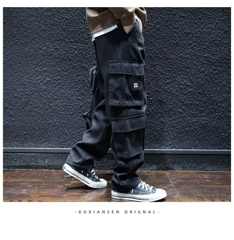 Spring Autumn Fashion Men Black Khaki Solid Color Multi Pockets Wide Leg Simple Basic Casual Trendy Cargo Trousers Male Pants