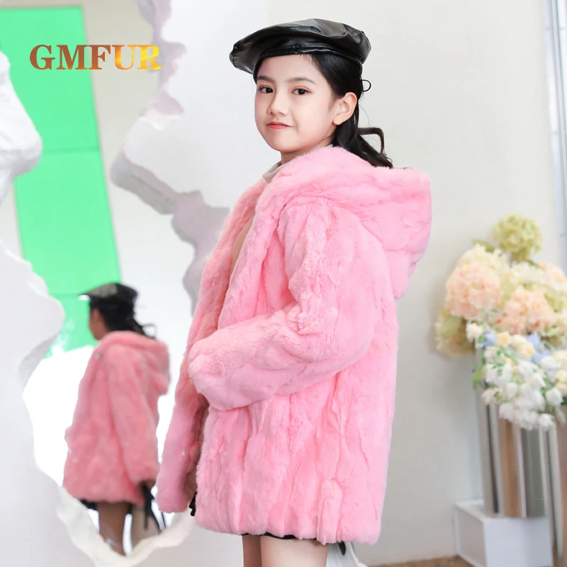 Hot Koop Luxe Authentieke Rex Konijnenbont Jas Kinderen Herfst Winter Fashion Warm Mid-Lengte Kapmantel Meisjes Natuurlijke bontjas