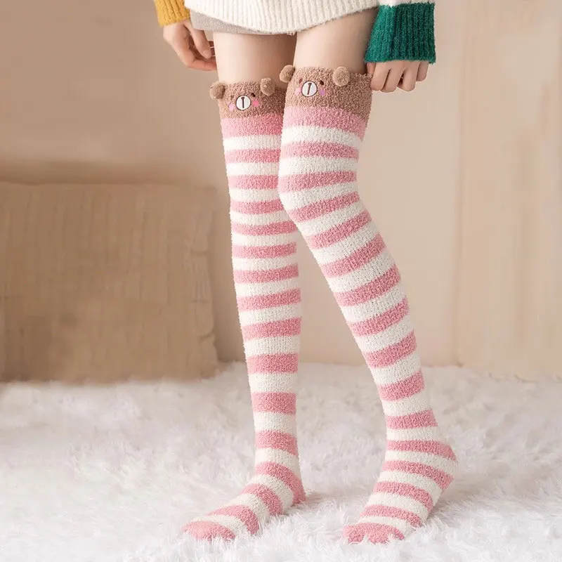 Japan Girl Lolita Kawaii Pink Long Stockings Coral Fleece Women Knee Socks Winter Leg Warmer Striped Stockings Thigh High Socks