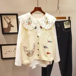 Cat Fish Embroidery Jacquard V Neck Knitted Vest Sweater Women Autumn Outwear Loose Sleeveless Sweater Cardigan Fashion Y2k Tops