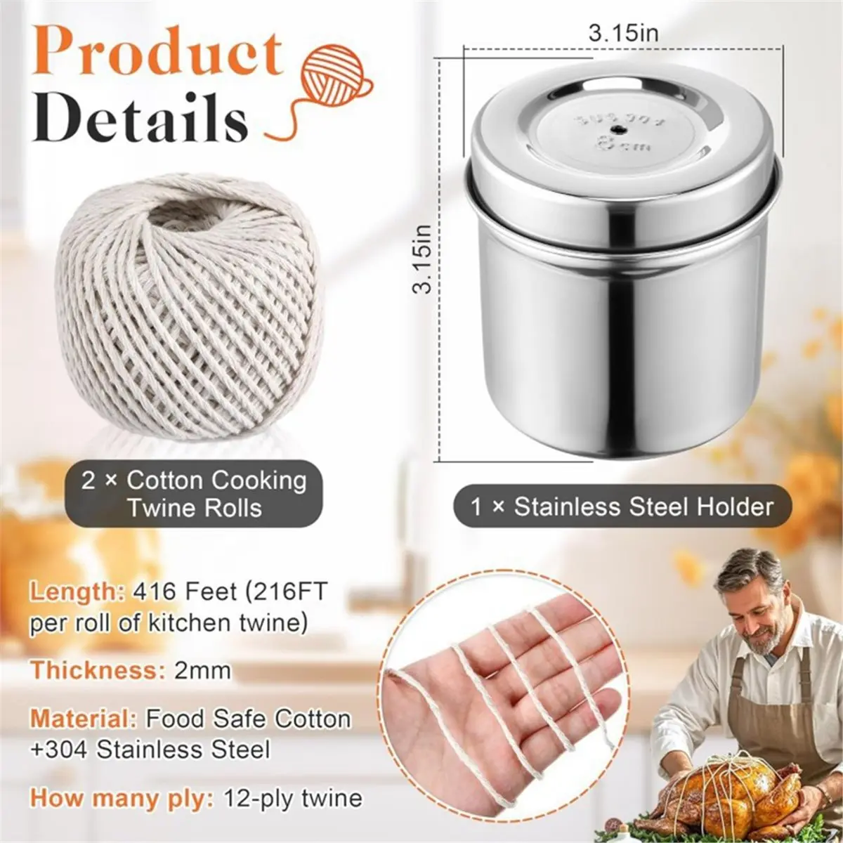 【AT48】 NEW Kitchen Twine with with Stainless Steel Dispenser, 2 Pack 216FT Cooking Twine, 2MM Natural Cotton Butcher Twines