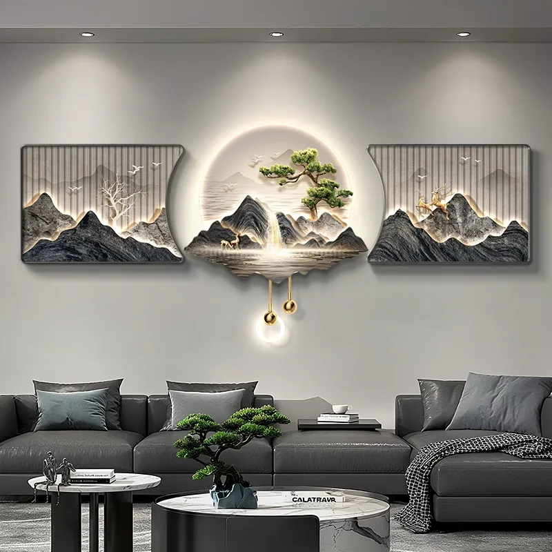 Flowing water generates wealth, new Chinese style living room, grand landscape sofa, background wall, high-end mural lamp