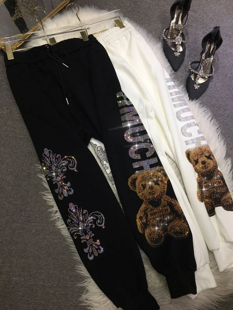 Blingbling Cartoon Luxury Hot Drilling Bear Cute Women Sweatpants 2023 New Spring All-match Elastic Waist Casual Sports Pants