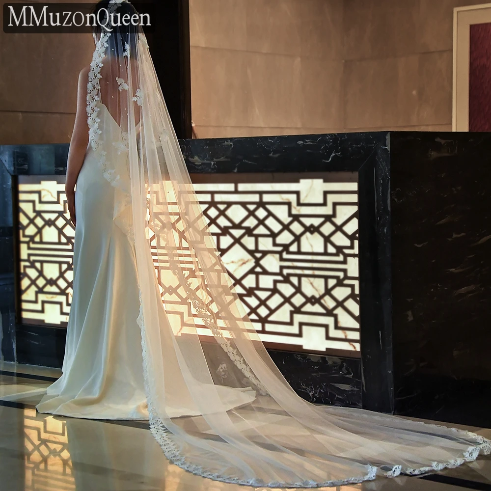 TOPQUEEN الزفاف الدانتيل طرحة زفاف لينة شريطة من الدانتيل اللؤلؤ الحجاب الزفاف كاتدرائية 1 طبقة اكسسوارات الزفاف للتخصيص M10