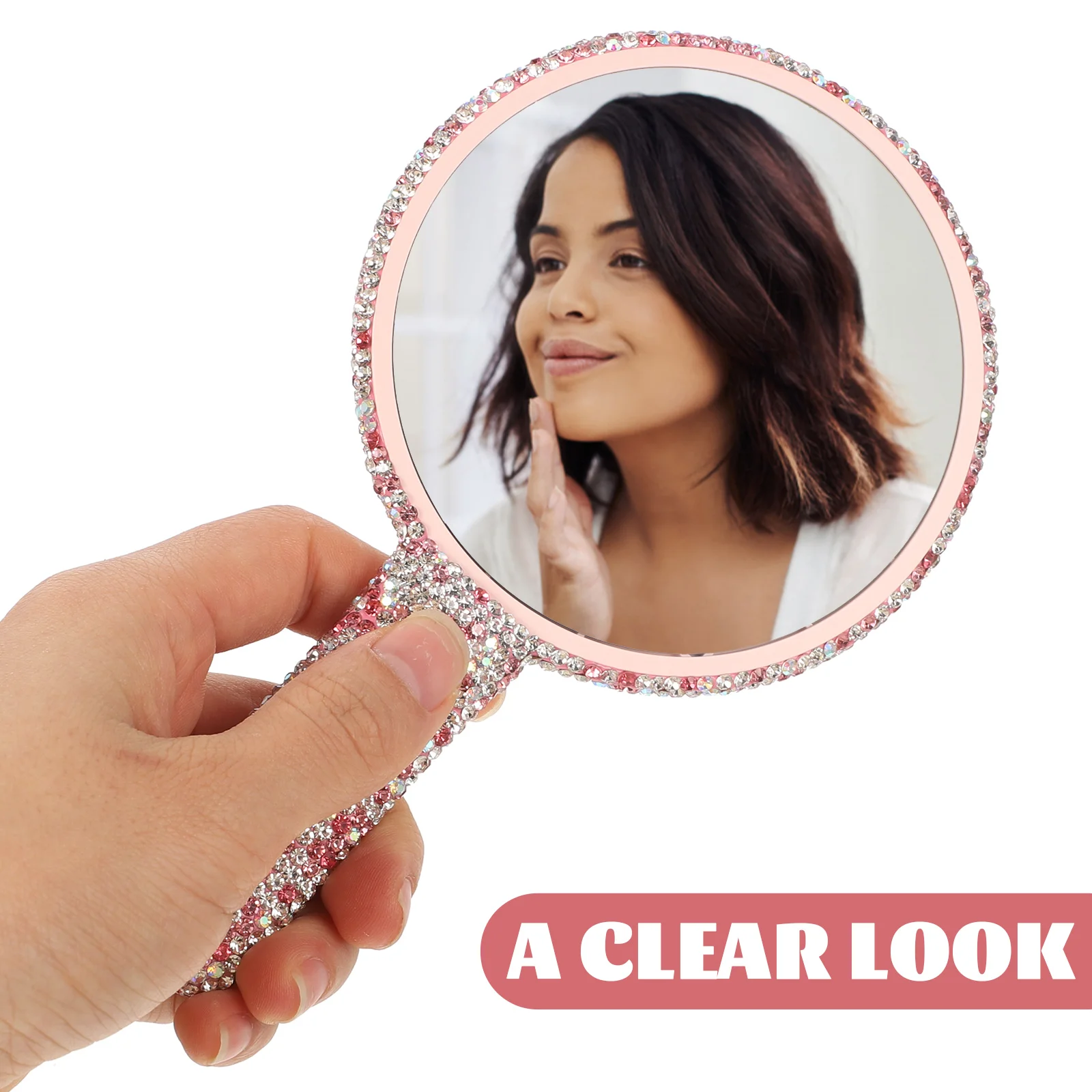 Chic Rhinestone Accent Mirror Handheld Mirror for Women Shatterproof Clear Reflection Easy Carry Design