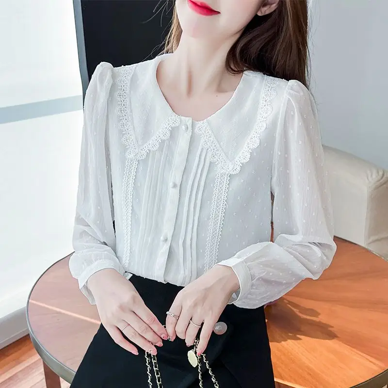 Spring and Summer New Elegant Temperament Women\'s Clothing Spliced Button Ruffle Edge Doll Neck Long Sleeve Solid Color Shirt