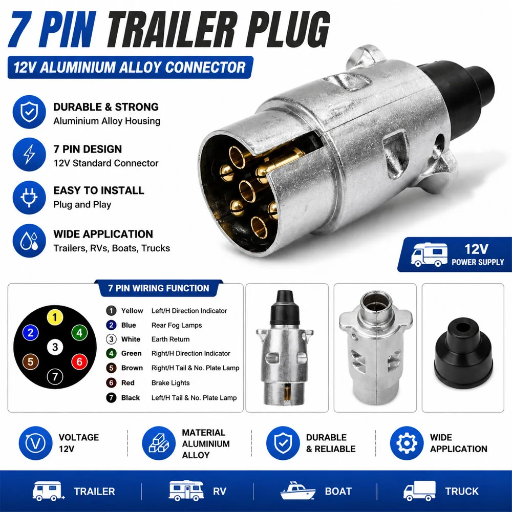 7 Pin Trailer Plug Towbar Towing Lights Socket Car Van Caravan 12V 7 Pole Towing Connectors Adapter Aluminum Alloy Plug