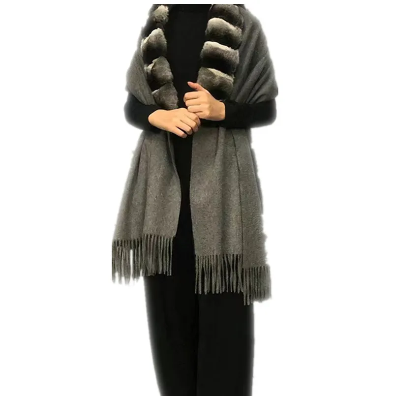 

100% Wool Scarf with Genuine Rex Rabbit Fur Collar Chinchilla Scarves Wraps New Women Luxury Gift