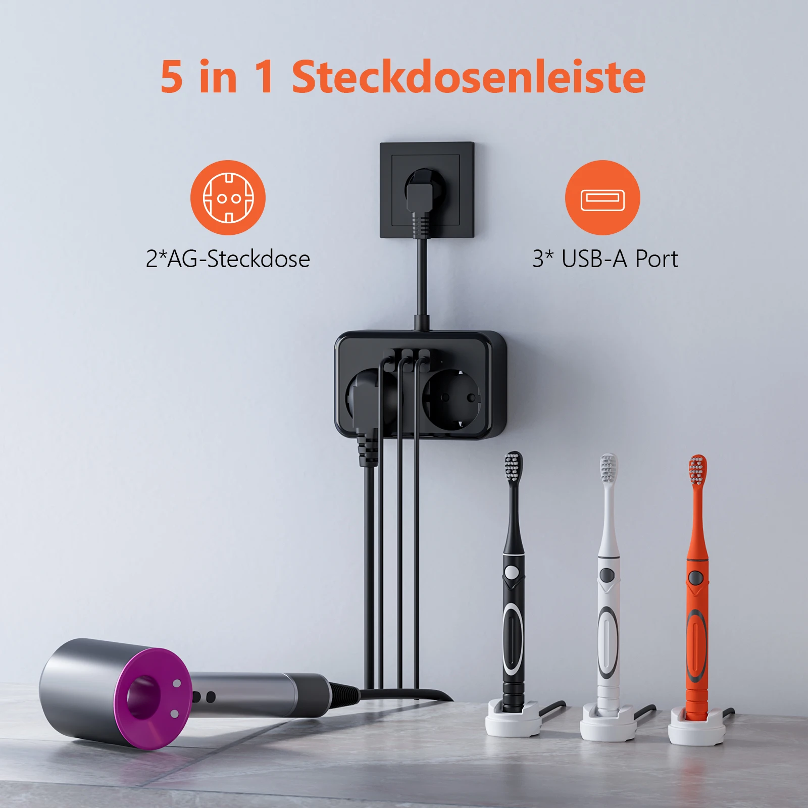 JINGMIN 3840W EU 플러그 전원 스트립(AC 콘센트 2개 포함) 3 USB 0.5mm 케이블 가정용/사무실 소켓용 스위치가 있는 멀티 소켓