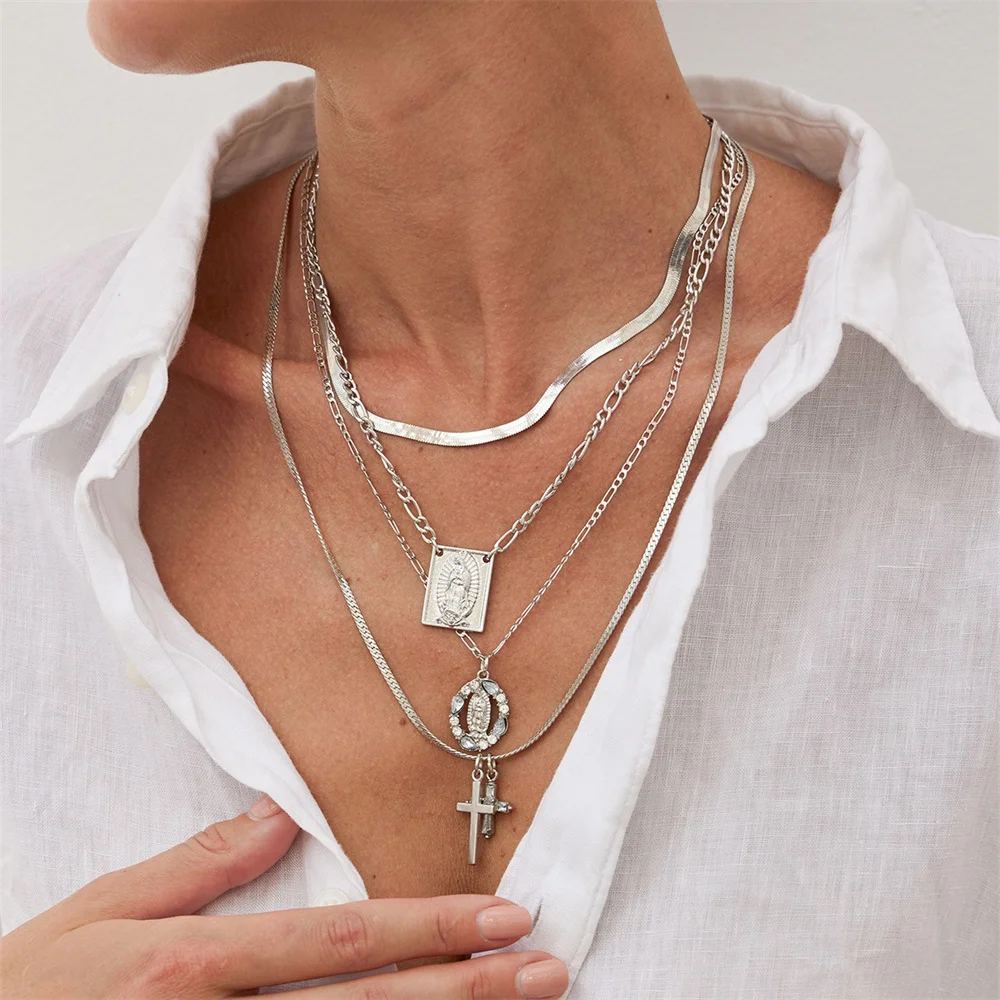 4Pcs/Set ​Virgin Mary Pendant Necklace for Women Trendy Rhinestone Cross Pendant Snack Chain Necklace Set Statement Jewelry