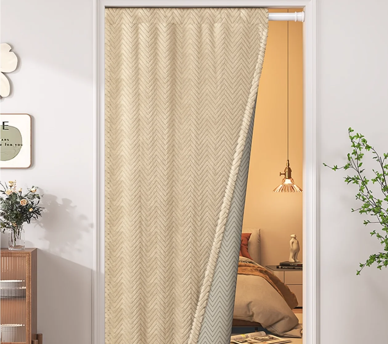 1Pcs  Winter Insulated Door Curtain: Thickened Windproof Heat Insulating  Herringbone for Home Kitchen Bedroom