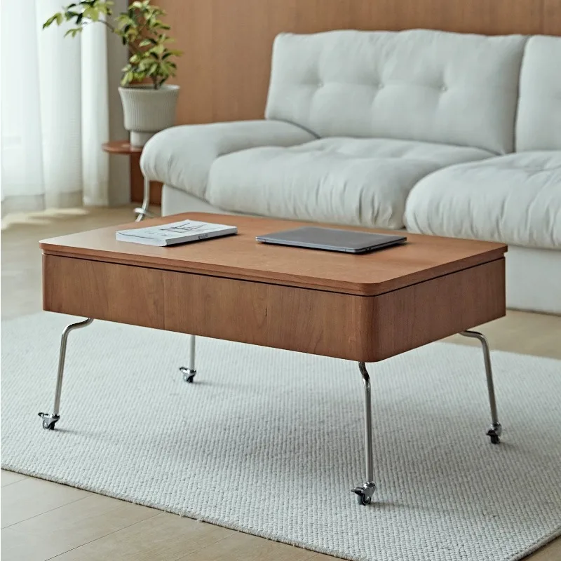 Lifting coffee table, cherry wood stainless steel feet, storage small living room becomes a dining table in seconds