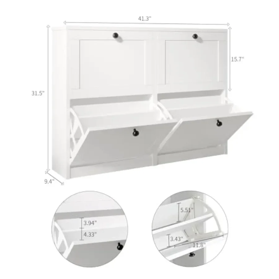 Entryway shoe cabinet with 4 flip drawers, MDF wood in white, space-saving design with adjustable shelf and anti-tipping device