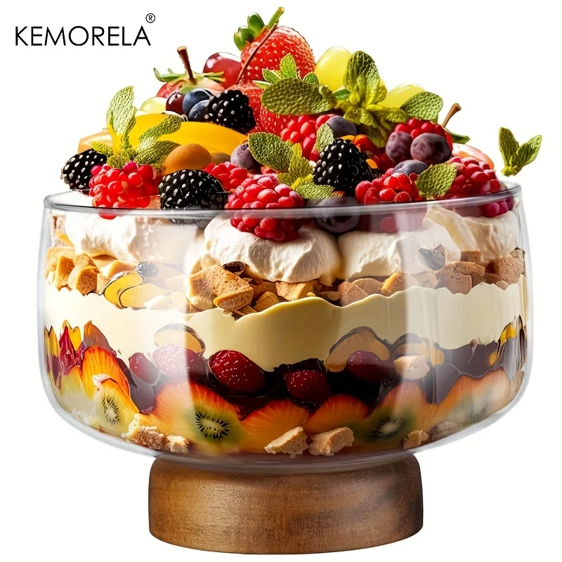 KEMORELA Große Kuchenform aus Glas, eleganter Holzständer, vielseitiges Serviertablett für Kuchen, Salate, Desserts – langlebig, leicht zu reinigen