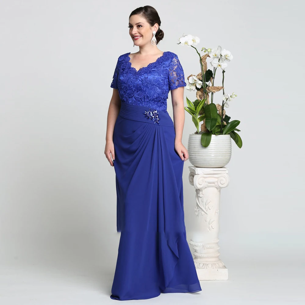 

Laxsesu Royal Blue Plus Size Wedding Guest Dress Lace Ruched Chiffon Evening Gown 2022 Short Sleeves Mother Of The Bride Dresses