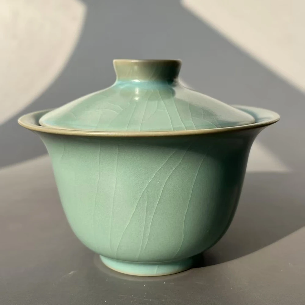 Ru Porcelain Genuine Antique Glaze Two Talents Yuan Bao Tureen Thin Body Handmade Nail Support Firing Crackle Effect Gai Wan