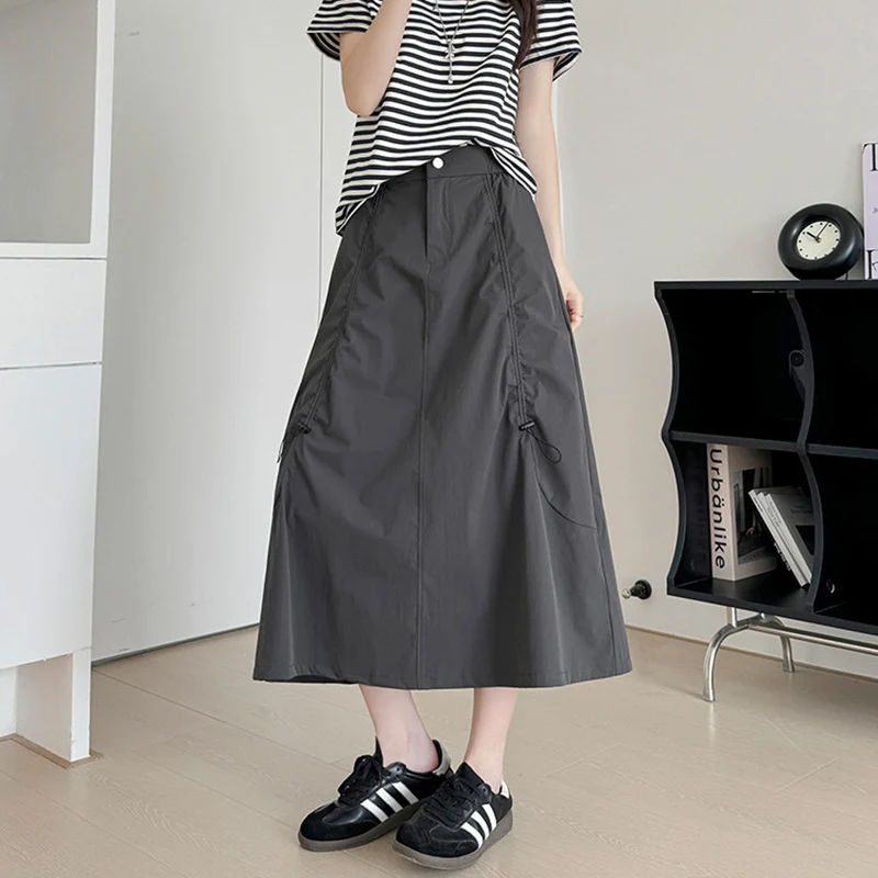 Chic Drawstring A Line Umbrella Skirt Women 2026 Summer Zip-Up High Waist Cargo Skirts Woman Solid Color Streetwear Long Skirt