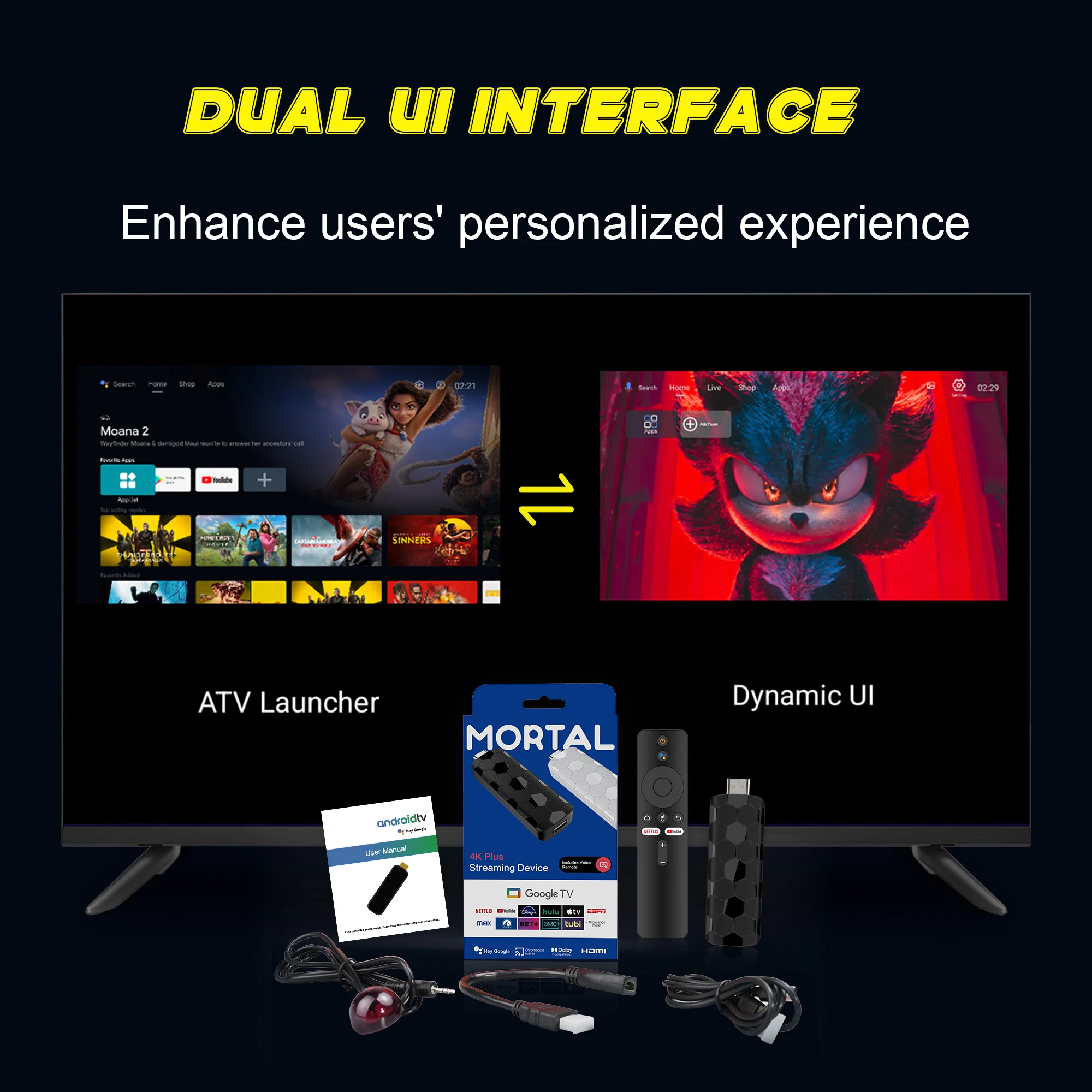 جهاز Android Dual UI TV Stick Mortal R3+ الإصدار العالمي جهاز التحكم عن بعد الصوتي Android14 4K Video Wifi6 Netflix YouTube عصا التلفزيون سريعة البث